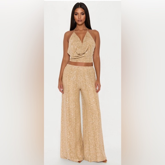 Pants - Pearl Tide Crochet halter Wide Leg Set- Tan